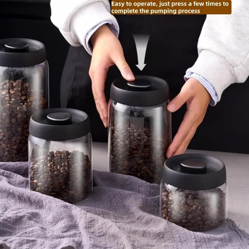 Flerkapacitets kaffekande med sort låg, manuel vakuum, fugttæt opbevaringsbeholder i glas til køkken, tekande, opbevaringskrukke til kaffebønner