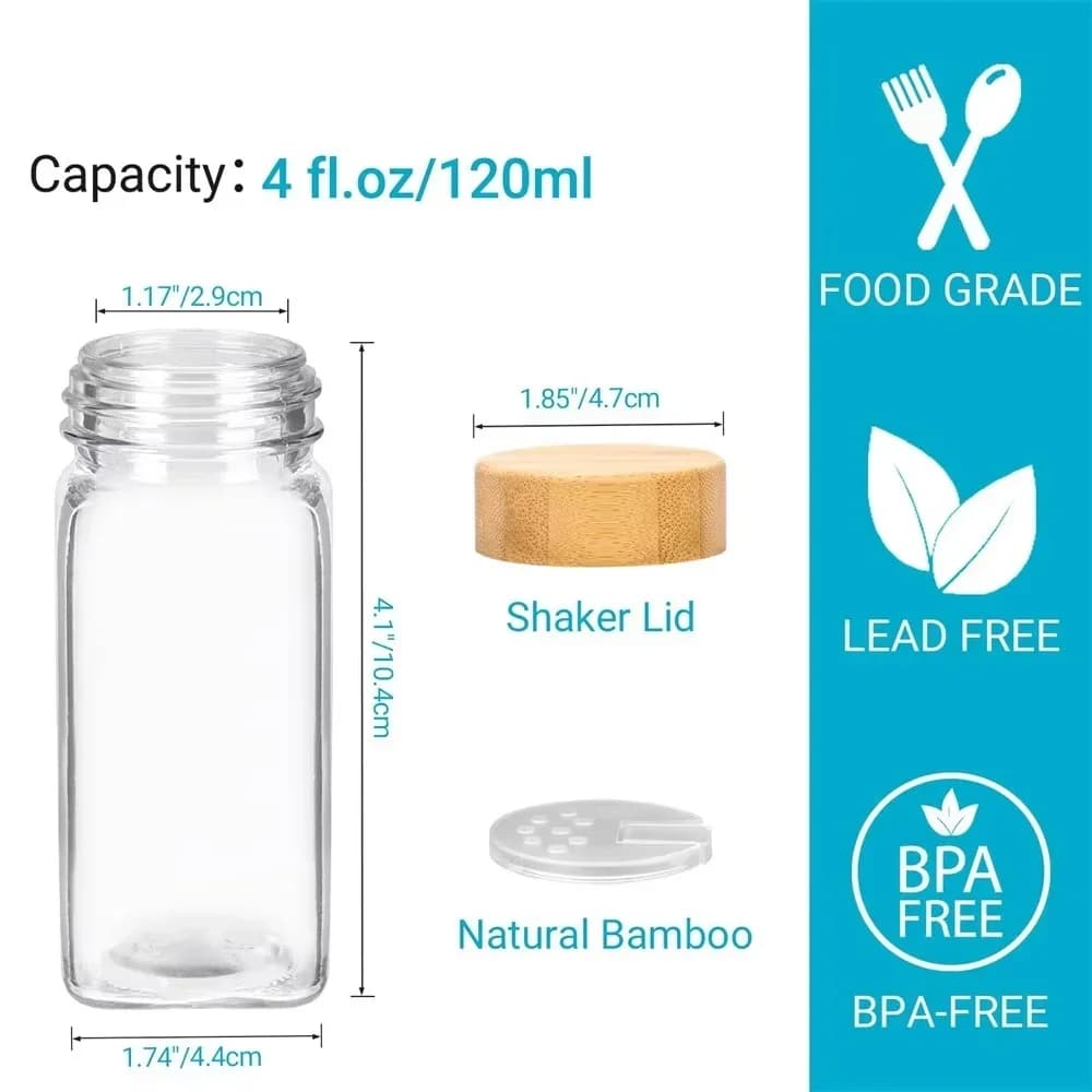 6/12/24 stk. krydderiglas i glas med bambuslåg eller metalåg, inkluderer minimalistiske krydderietiketter og foldbar tragt, sæt med glas