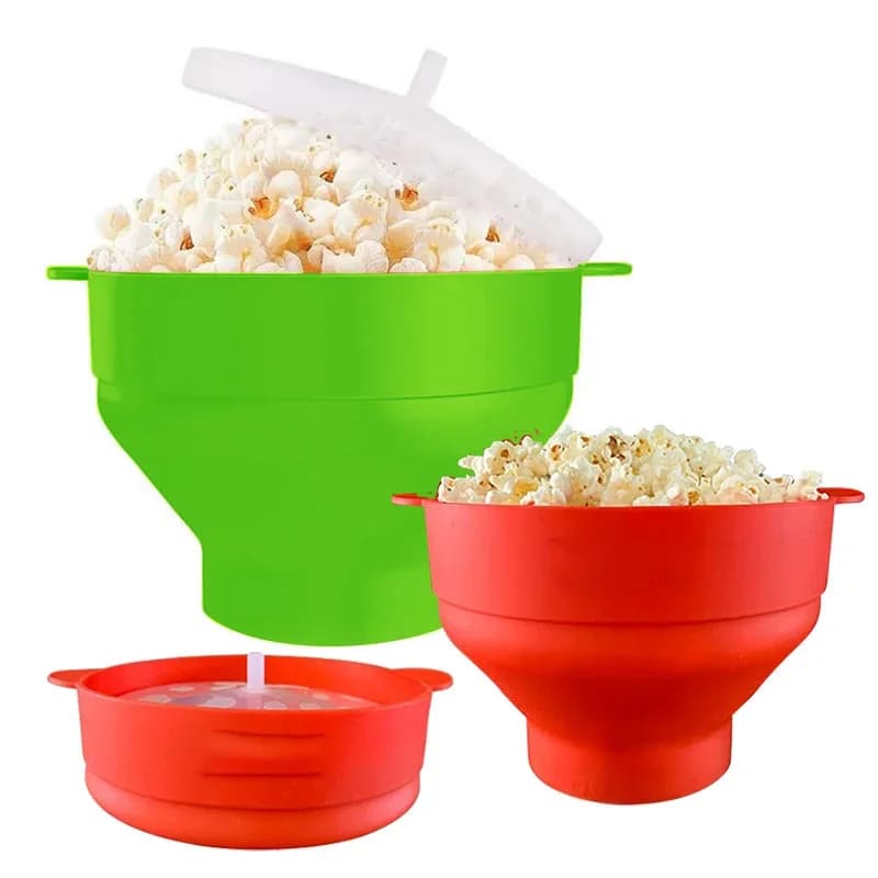 Mikrobølge-popcornskål i silikone, BPA-fri, sammenklappelig popcornskål til mikroovn med låg, tåler opvaskemaskine