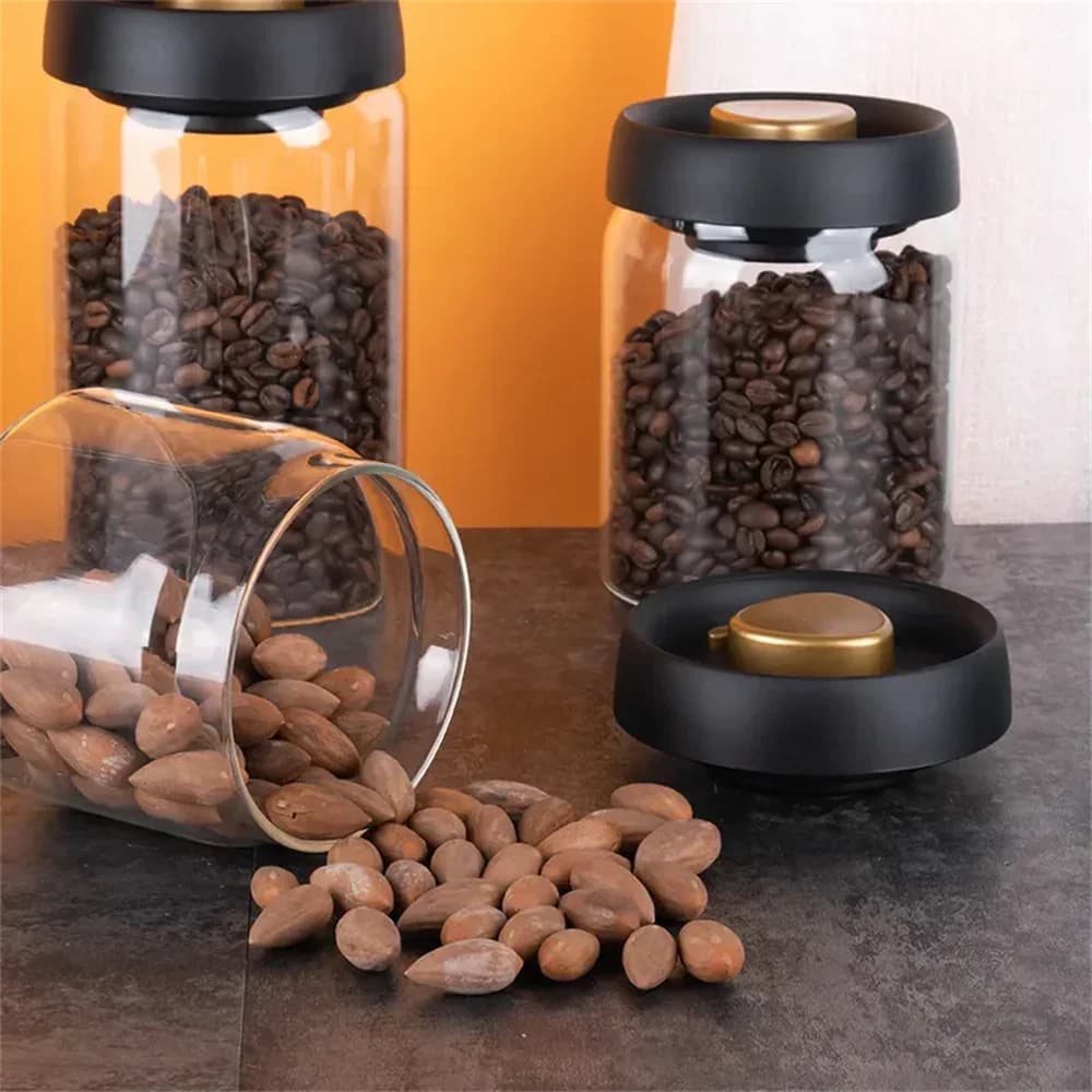 Kaffeebønne-opbevaringsglas i transparent glas, vakuumforseglet, fugtsikkert og lufttæt