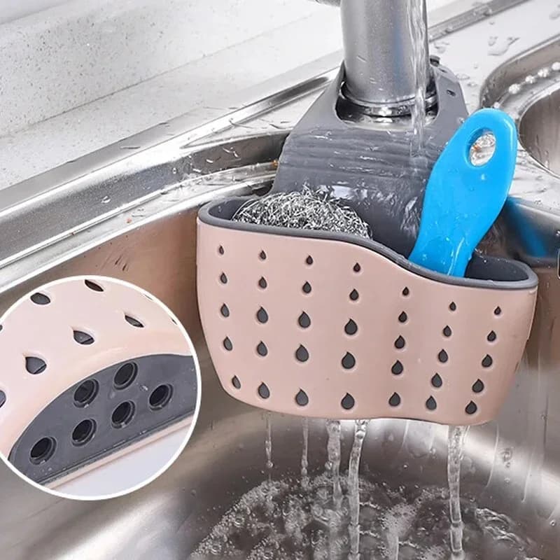 Hjemmeopbevaring af drænbakke til køkkenvask, justerbar holder til sæbe og svamp, hængende drænbakke, køkkenaccessories