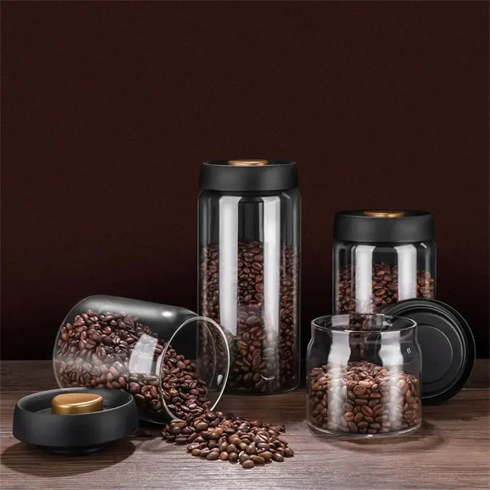 Kaffeebønne-opbevaringsglas i transparent glas, vakuumforseglet, fugtsikkert og lufttæt