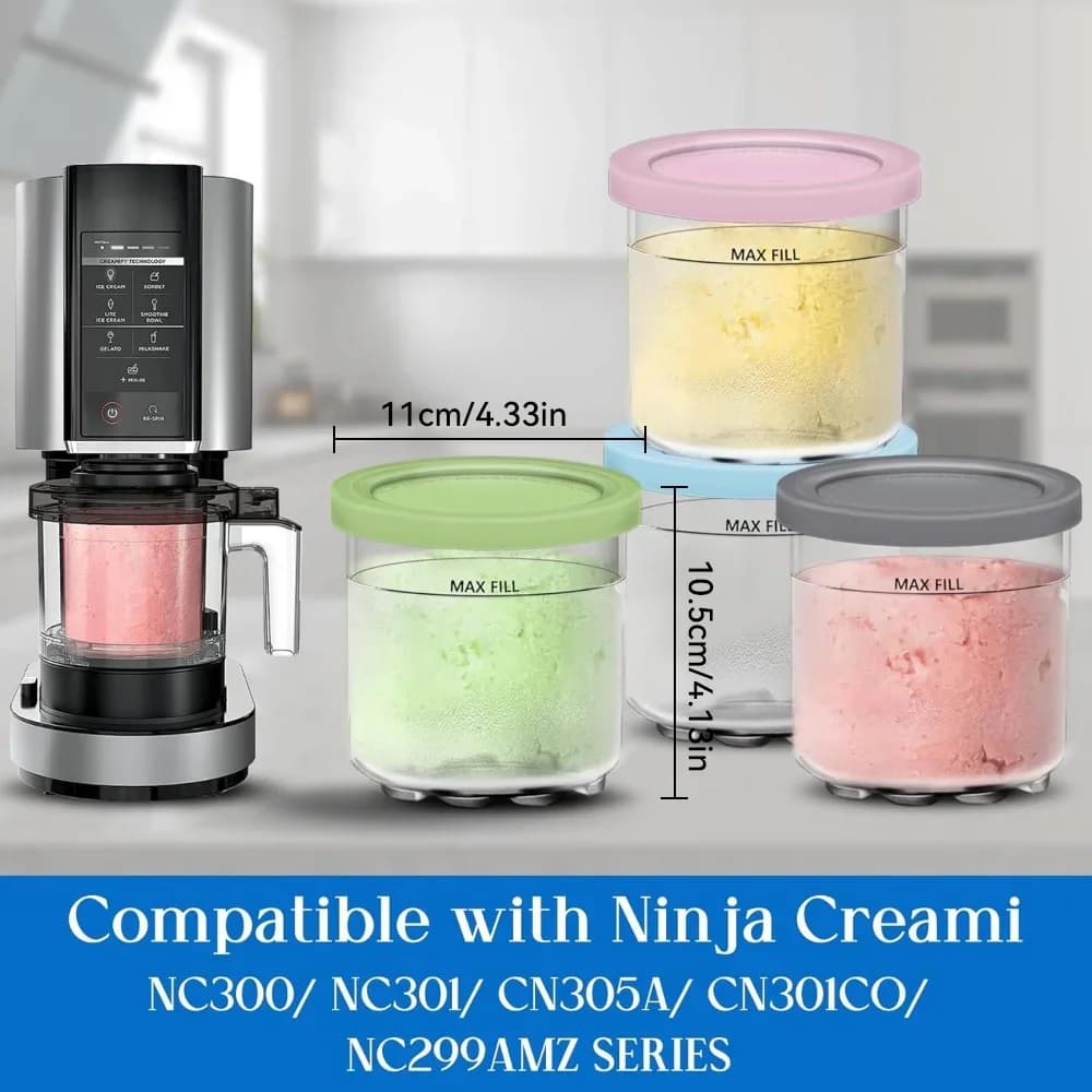 Creami-pints og låg til Ninja - 4-pak cremede iscremebeholdere, kopper, glas, bøtter, sæt, kompatibel smoothiebeholder