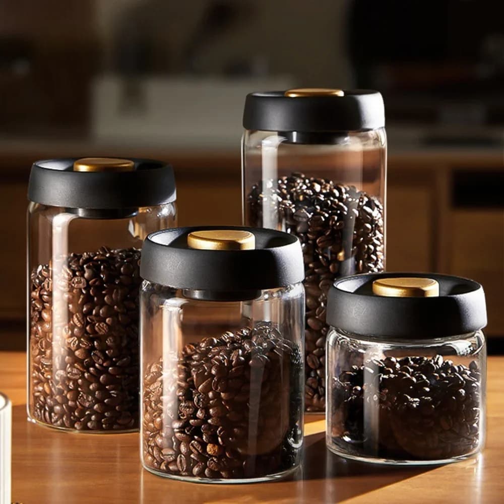 Kaffeebønne-opbevaringsglas i transparent glas, vakuumforseglet, fugtsikkert og lufttæt