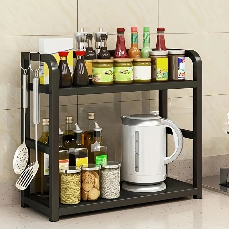 1 stk. 2-lags metal bordreol - pladsbesparende organizer til kaffe, krus og krydderier, rustfri køkkenreol