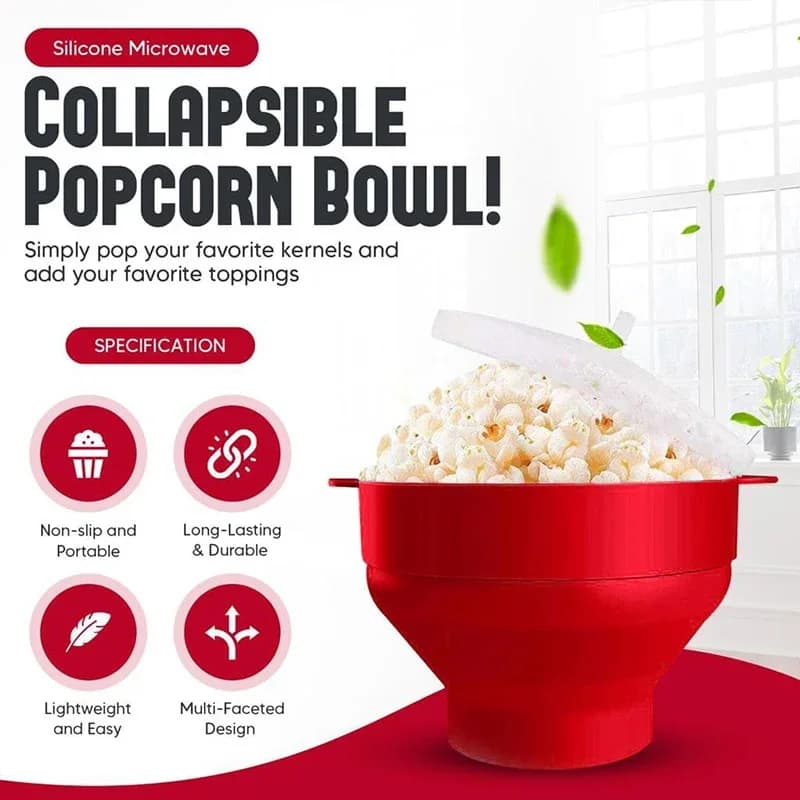 Mikrobølge-popcornskål i silikone, BPA-fri, sammenklappelig popcornskål til mikroovn med låg, tåler opvaskemaskine