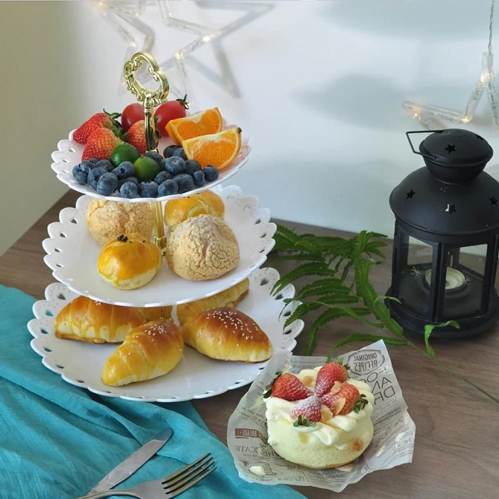 3-lags kageopsats, frugtfad, bakke, display til fødselsdag, fest, dessert, bryllup