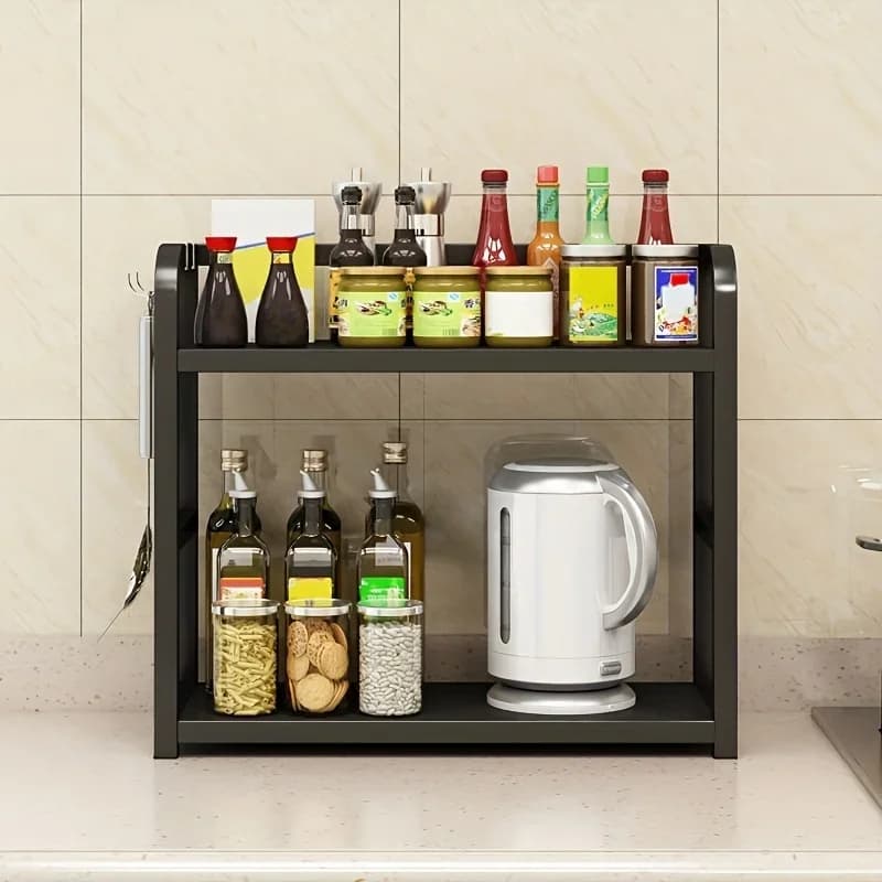1 stk. 2-lags metal bordreol - pladsbesparende organizer til kaffe, krus og krydderier, rustfri køkkenreol