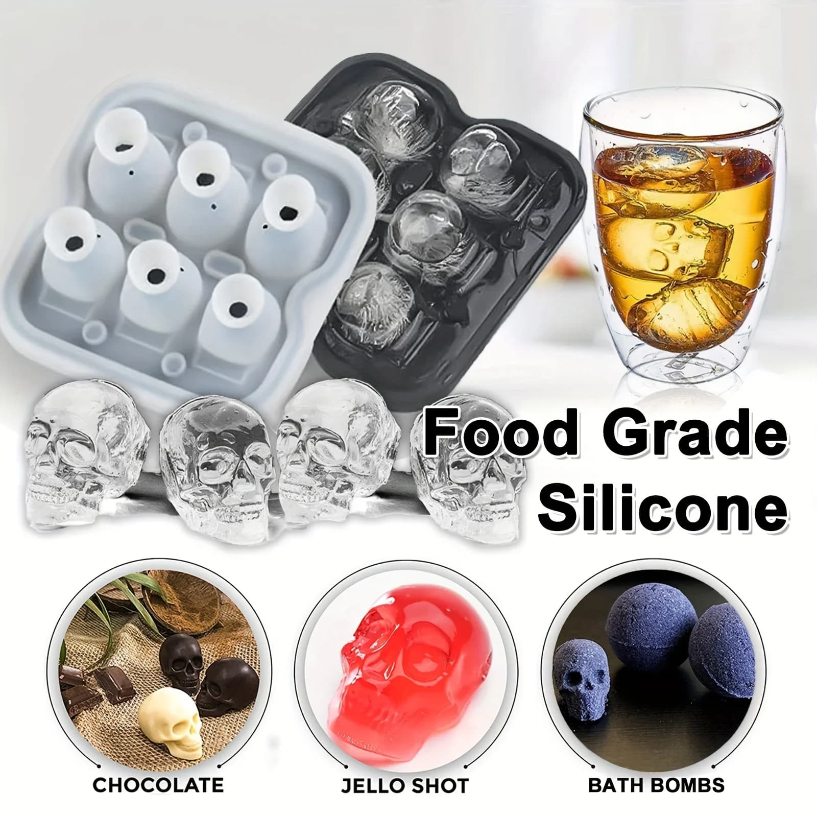 Iskugleform af silikone med kraniemotiv 3D fleksible isterningebakker BPA-fri isbakker til fryser horror kraniehoved cocktail iskuglefremstiller