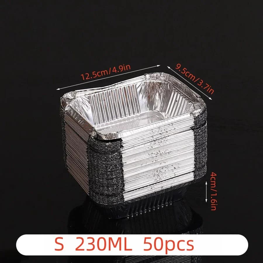 50 stk engangs aluminiumsfolie, forskellige størrelser, folieforme er perfekte til madlavning, opvarmning, opbevaring og tilberedning af mad.