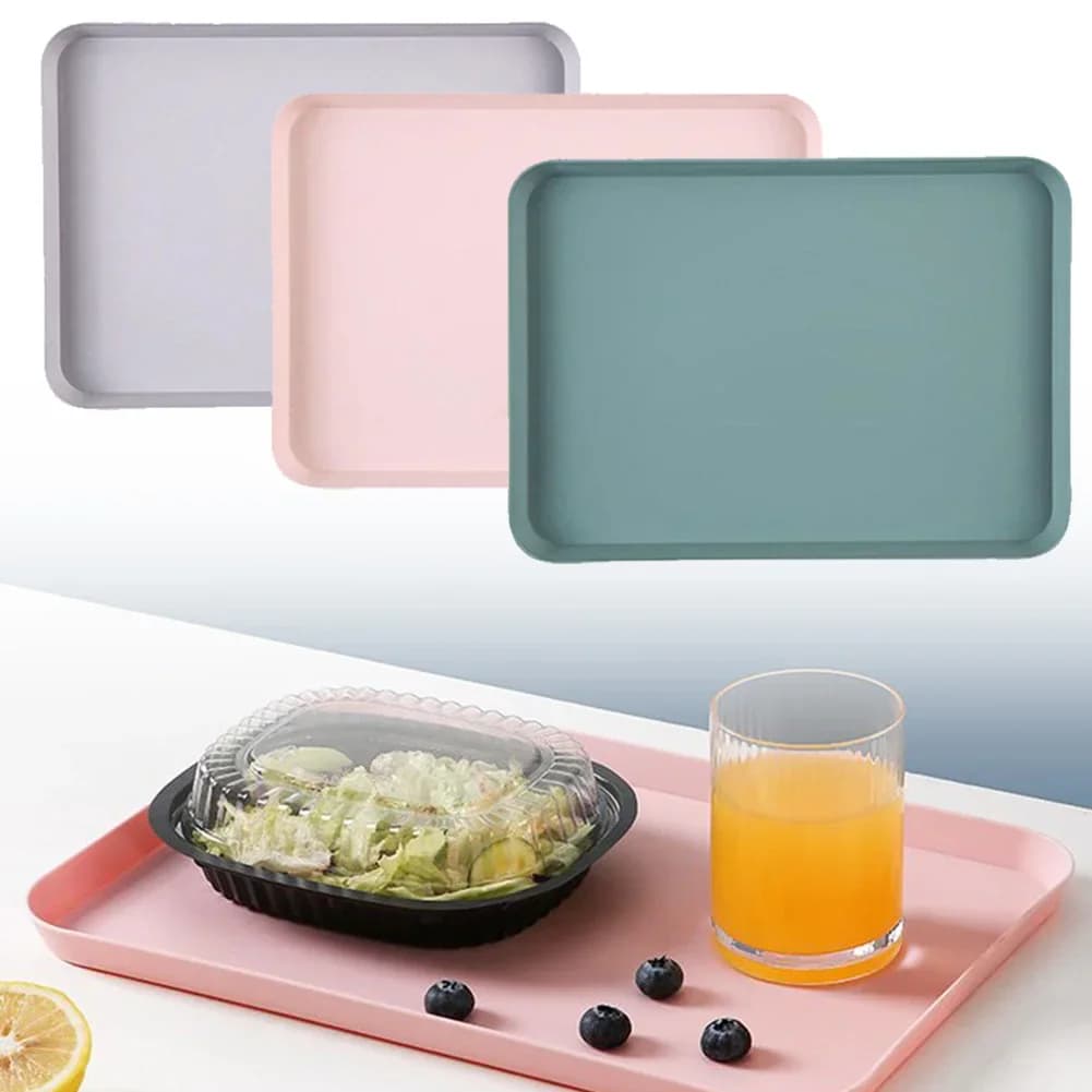 Rektangulær serveringsbakke, firkantet bakke, skridsikker og ridsefast plastbakke til madservering, til te, frugt og dessert