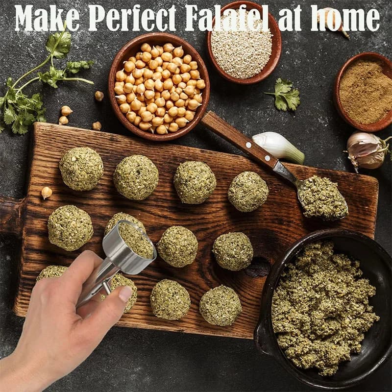Falafel- og kødbolle-ske, værktøj i rustfrit stål, professionel falafelform med ske, non-stick falafelform, køkkengadget