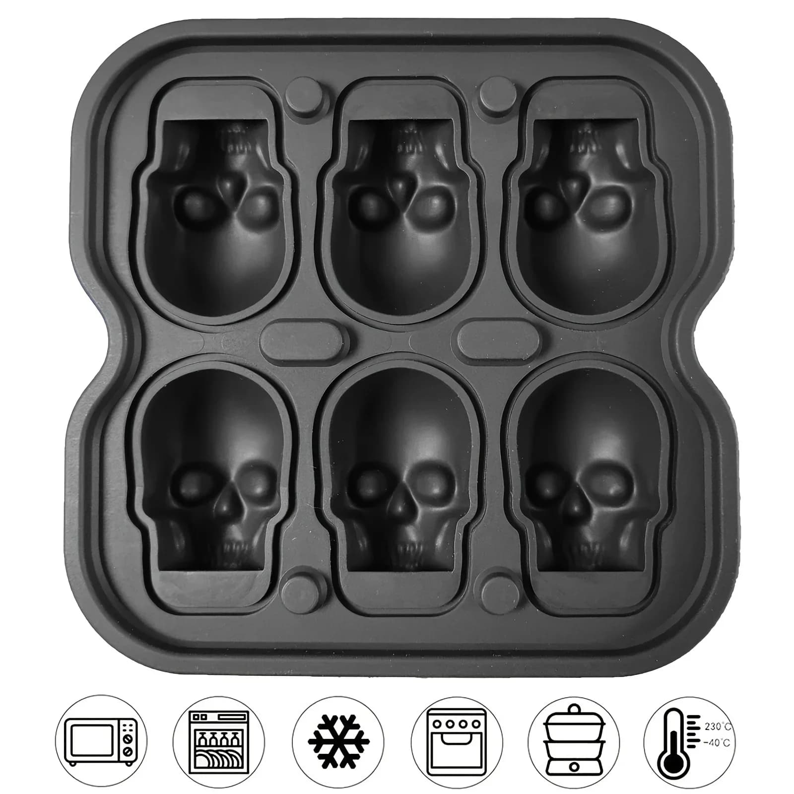 Iskugleform af silikone med kraniemotiv 3D fleksible isterningebakker BPA-fri isbakker til fryser horror kraniehoved cocktail iskuglefremstiller