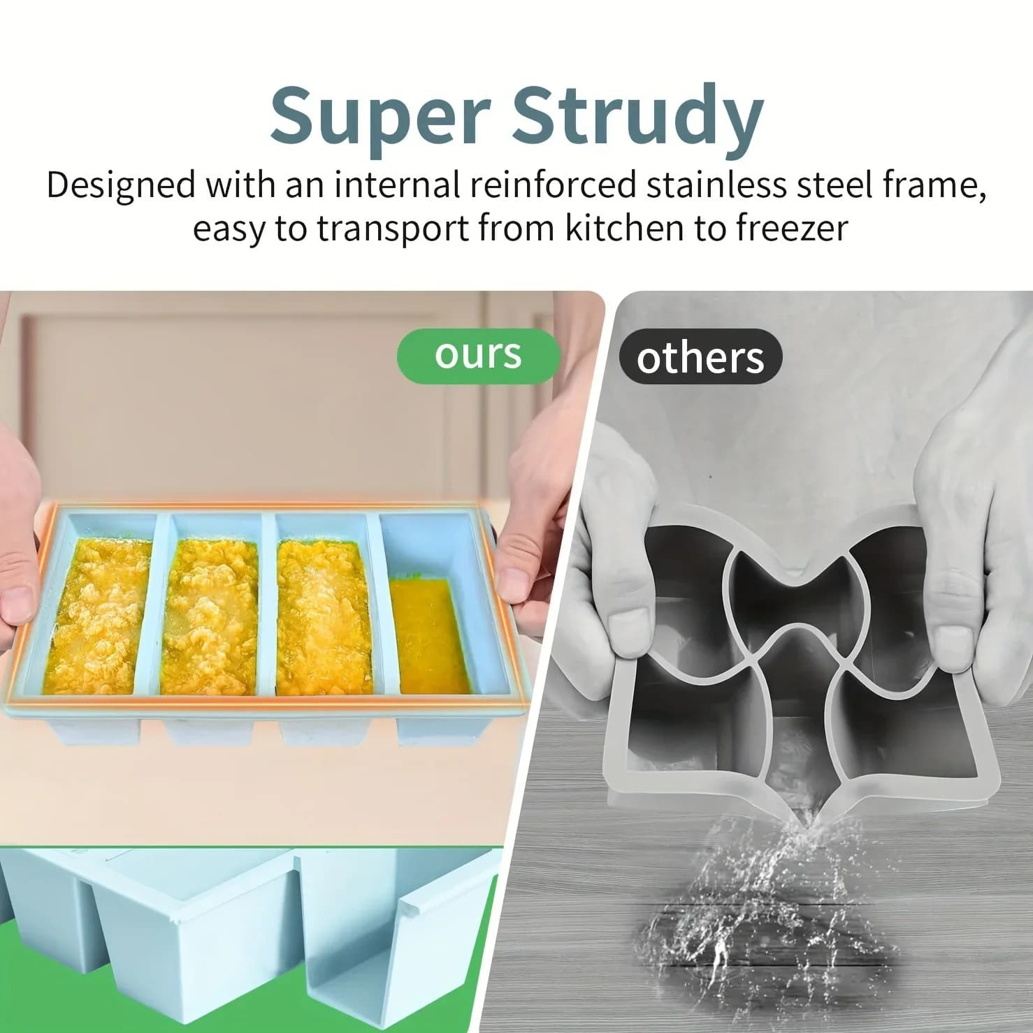 Sæt med 1/4 store rektangulære isterningforme med låg, stabelbare frysebakker til flasker, drikkevarer, lange isterninger, køkkenartikler