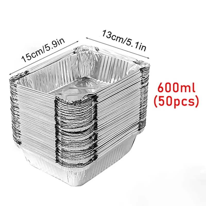 50 stk engangs aluminiumsfolie, forskellige størrelser, folieforme er perfekte til madlavning, opvarmning, opbevaring og tilberedning af mad.