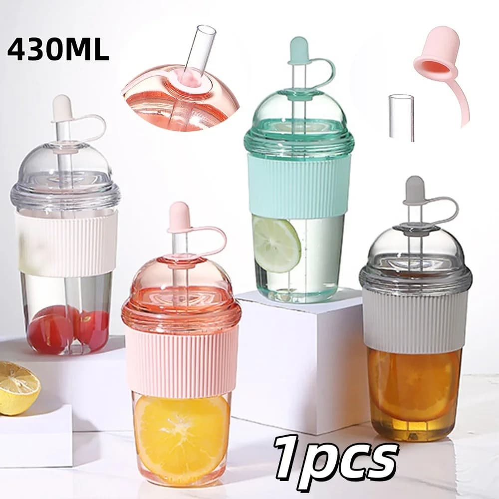 1 stk. 430 ml bærbart kop med sugerør, plast, Ins-stil, vandflaske med stor kapacitet, til te, kaffe, mælk, varmebestandig, til juice og gelé