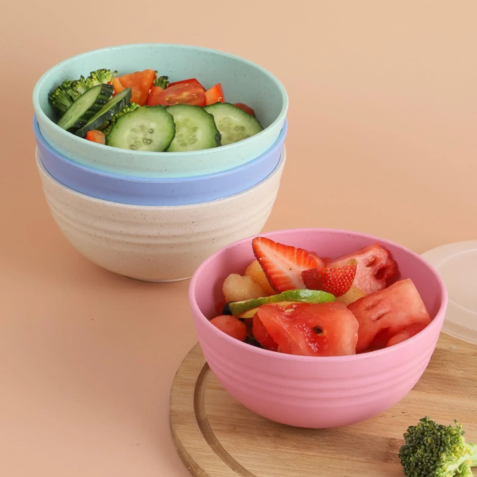 4-delt skålesæt i brudsikkert korn-design - 24 Ounce PP-plastskål til suppe/ris/korn - Kan bruges i mikroovn og opvaskemaskine