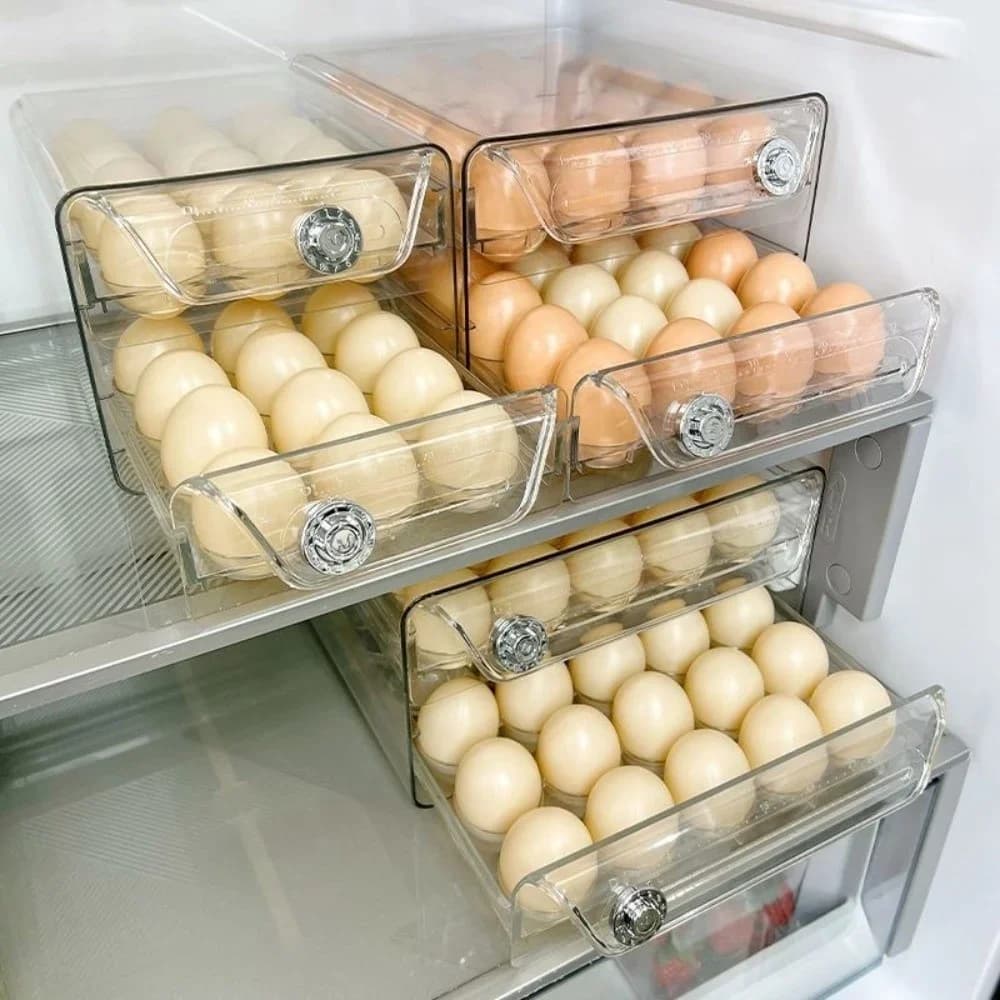 Gennemsigtig æggeboks med to lag, klar plast ægholder, tidsmarkering, stor kapacitet æggeopbevaringsreol, skuffeorganizer
