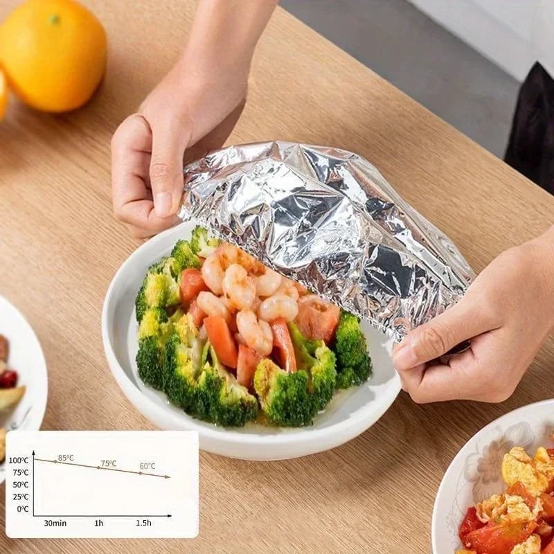 10/100 stk. låg i aluminiumsfolie, varmebestandigt isoleringslåg til skåle og tallerkener, holder maden varm og frisk, køkkenfilm af fødevarekvalitet