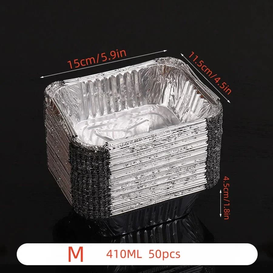 50 stk engangs aluminiumsfolie, forskellige størrelser, folieforme er perfekte til madlavning, opvarmning, opbevaring og tilberedning af mad.