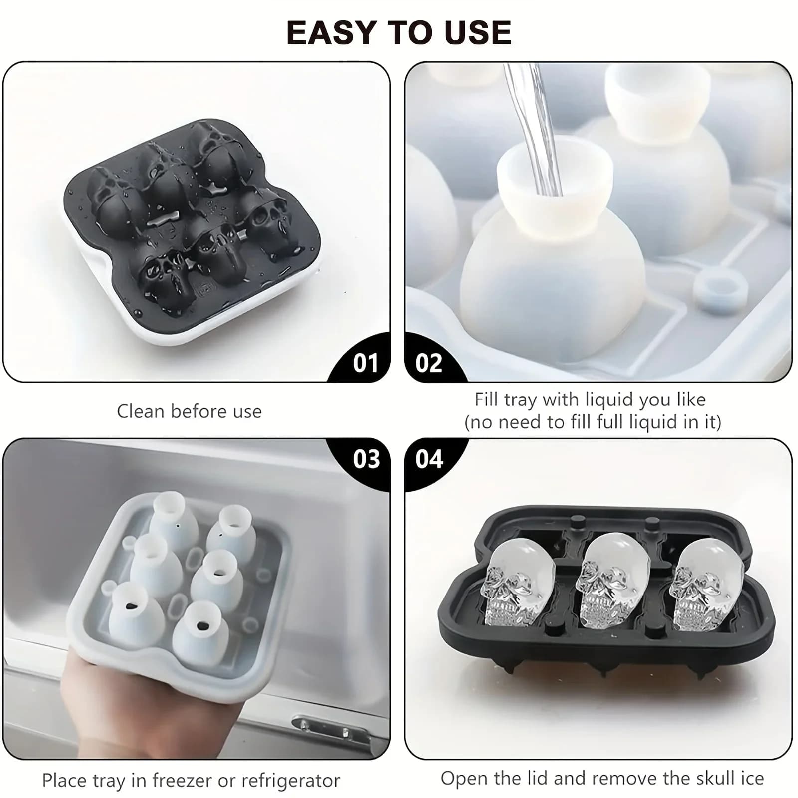 Iskugleform af silikone med kraniemotiv 3D fleksible isterningebakker BPA-fri isbakker til fryser horror kraniehoved cocktail iskuglefremstiller
