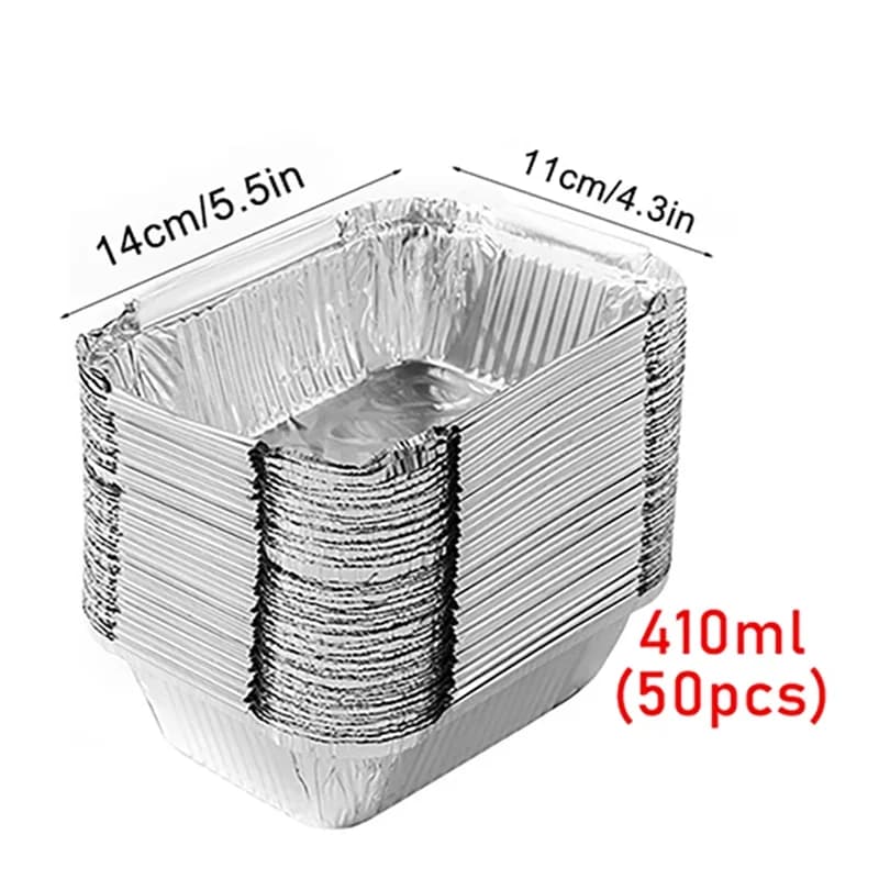 50 stk engangs aluminiumsfolie, forskellige størrelser, folieforme er perfekte til madlavning, opvarmning, opbevaring og tilberedning af mad.