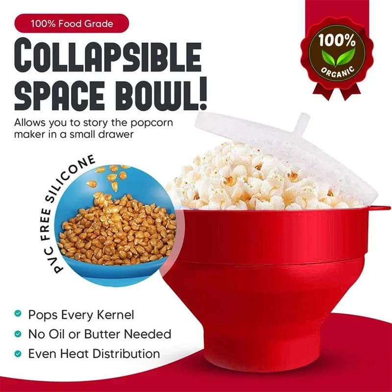 Mikrobølge-popcornskål i silikone, BPA-fri, sammenklappelig popcornskål til mikroovn med låg, tåler opvaskemaskine